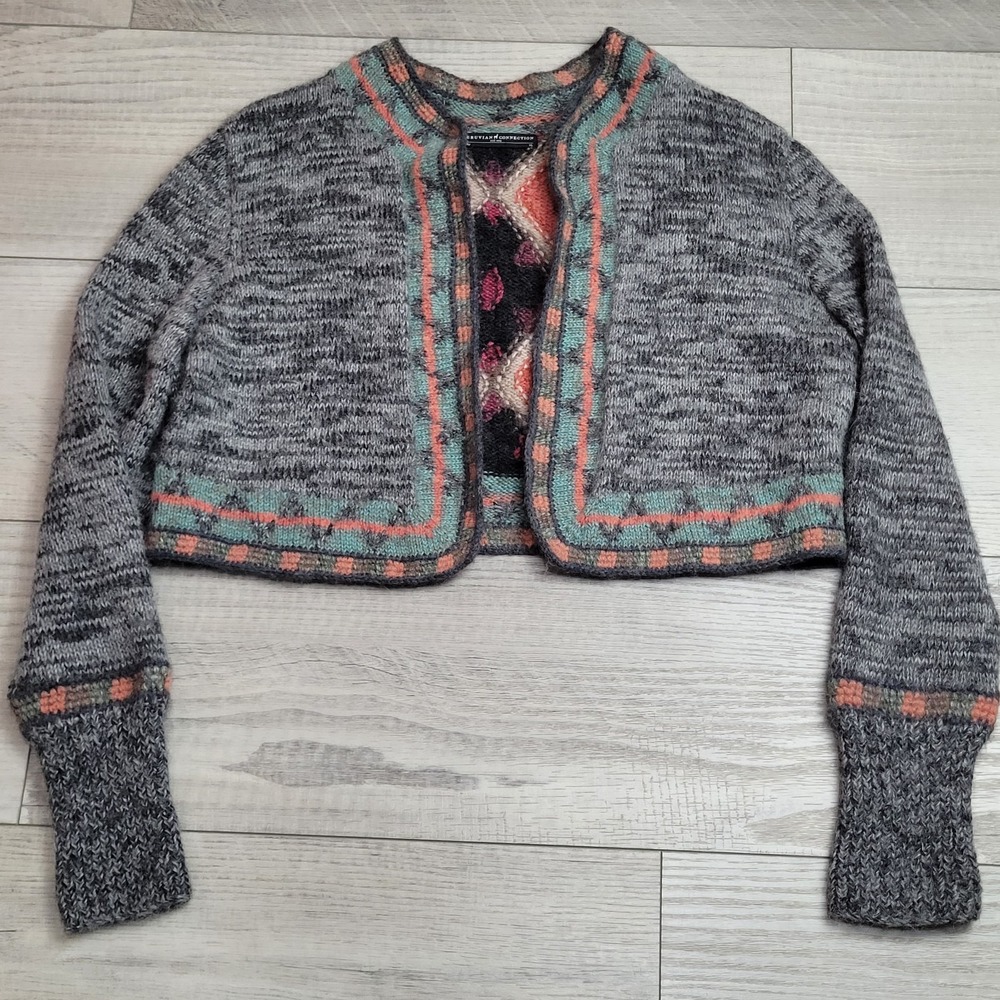 🦙Peruvian Connection Sweater Womens XL Alpaca Blend/Wool/Silk Cropped Cardigan